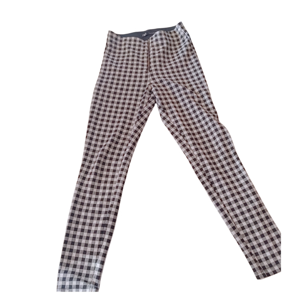 Zara Black and Cream Checkered Straight Leg Pants Stretch